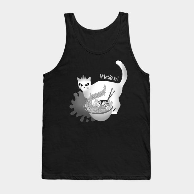 Cat Eating Ramen. Crazy White Cat from Hell Stealing and Eating Food. Tank Top by LinoLuno